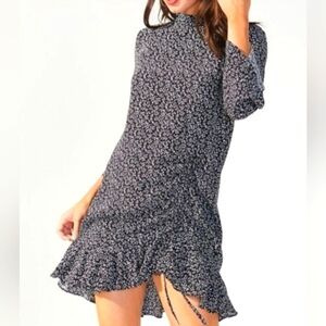 Black and White Floral Mock Neck Ruffle Mini Dress Size Small